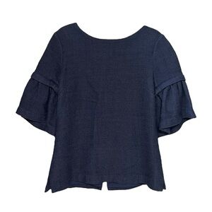 Elizabeth McKay Flounce Sleeve Full Zip Top Navy Modern Minimalistic Medium